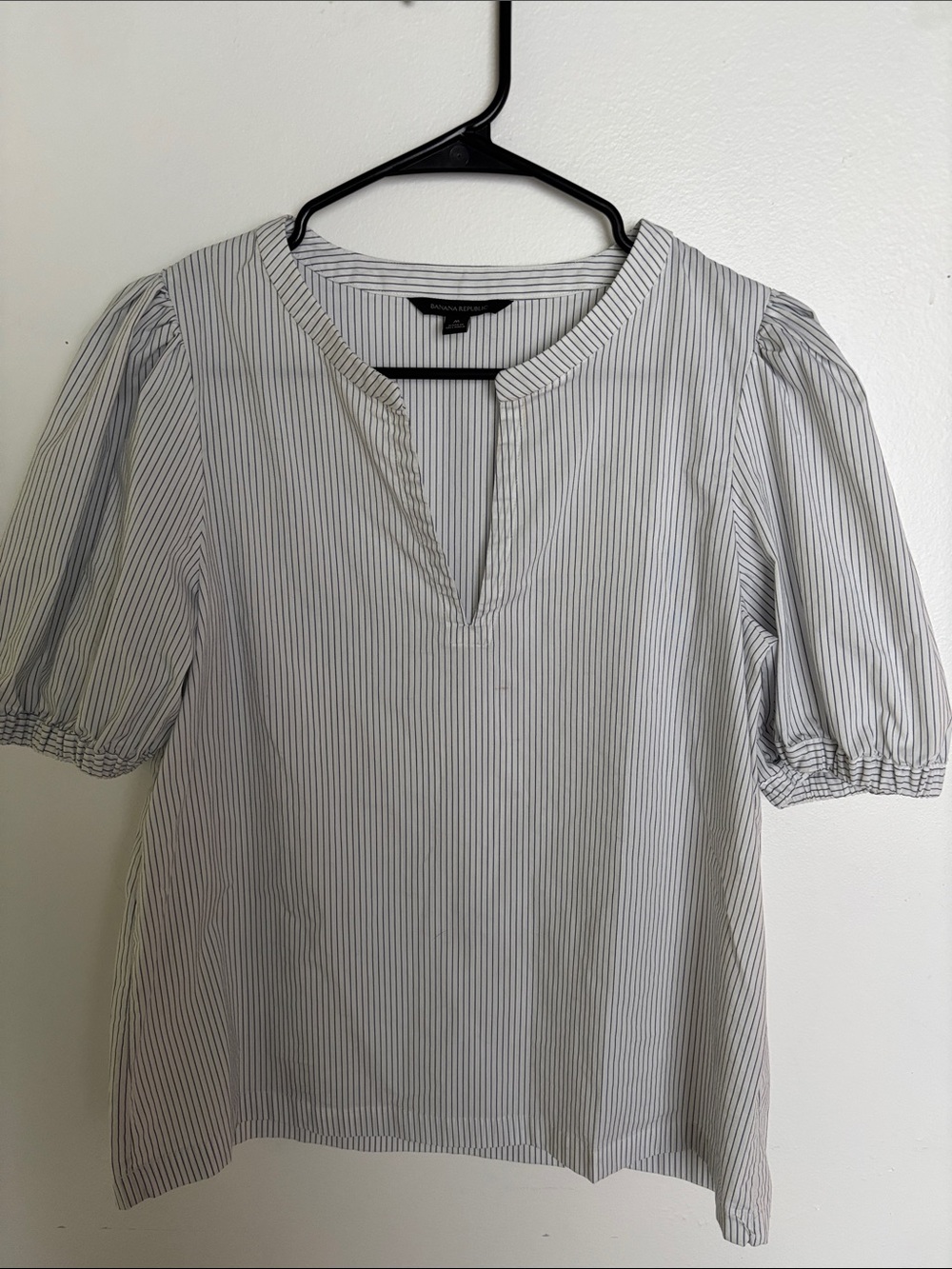 Banana Republic White Blouse with Thin Navy Stripes